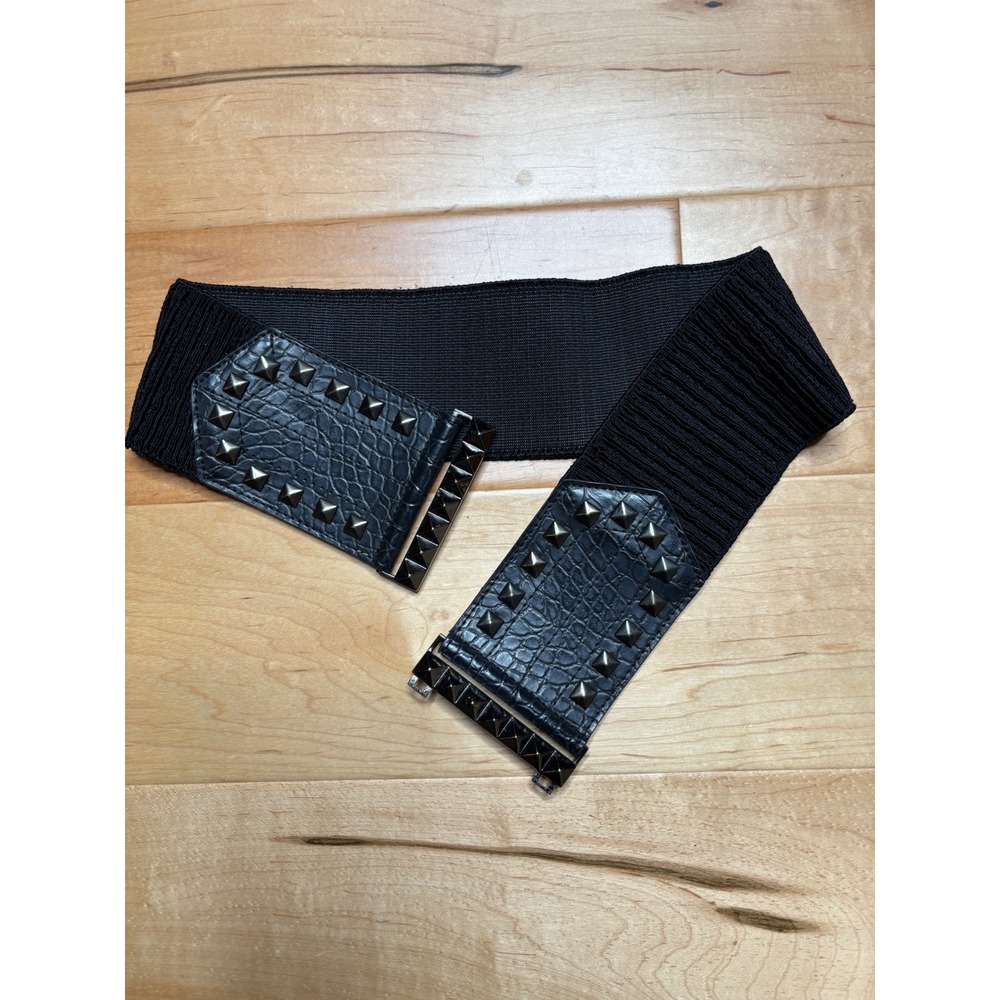 Wide Waist Black Elastic Belt Womens S Studded Faux Leather Buckle